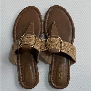 Liz Claiborne Brown Tan Woven Slide Sandals with Gold Ring